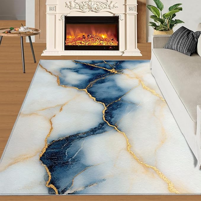 2x3 Abstract Marble Rugs for Entryway - Blue-White-Marble Small Area Rugs, Luxury Stone Pattern Laundry Room Carpet Non Slip Accent Throw Rug for Bathroom Kitchen Sink Front Door