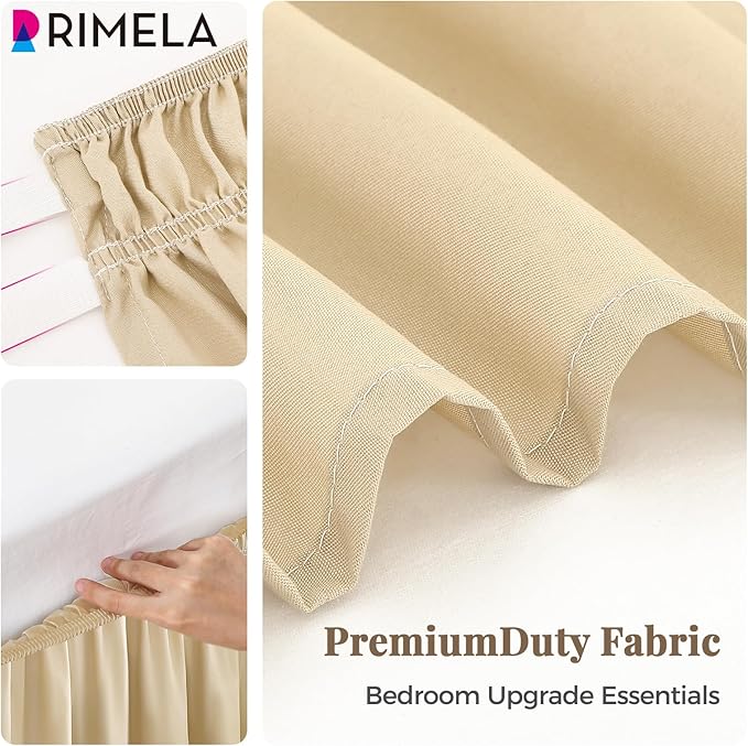 RIMELA Beige White Bed Skirt King Size 15 Inch Drop, Elastic Bed Skirting for Bed Base and Frame, Bedding Dust Ruffle Easy to Install, Lightweight Wrap Around Adjustable Bedskirt