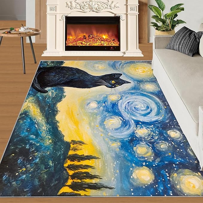 Black Cat Rugs for Bedroom - 5x6 Area Rug - Starry Sky Countryside Rugs for Living Room, Vintage Oil Painting Art Rug, Washable Home Decor Carpet