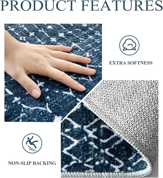 Lahome Moroccan Runner Rugs for Hallway 2x4 Bathroom Rugs Non-Slip Small Throw Kitchen Carpet Low-Pile Mat for Entryway Laundry Room Mat Geometric Indoor Carpert for Entrance Bath (Blue,2'x4')