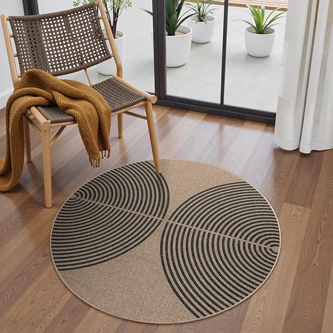 Lahome Modern Rainbow Round Rug, 3ft Small Washable Circle Carpet Natural Indoor Outdoor Patio Front Porch Rug, Farmhouse Non Slip Non Shedding Contemporary Round Mat for Entryway