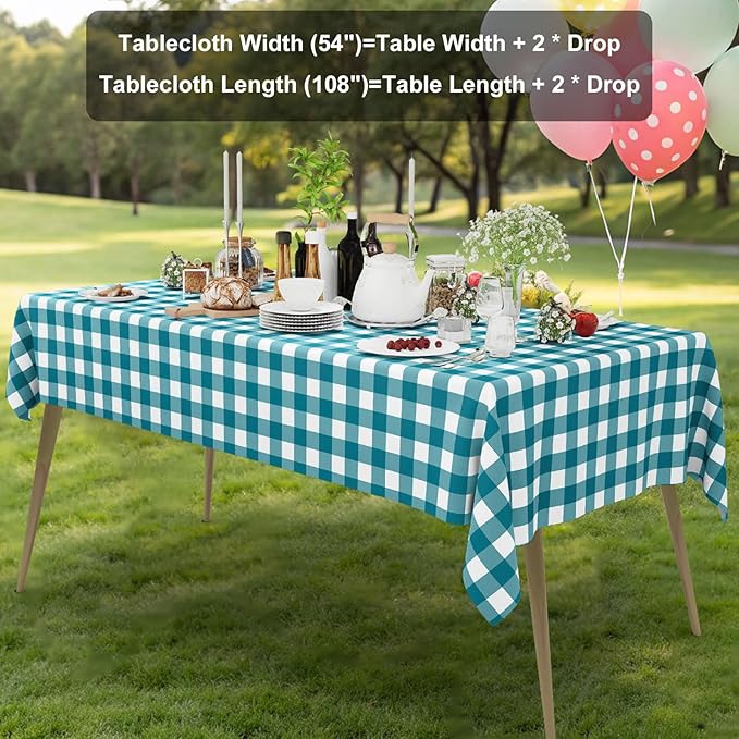 Smiry 10 Pack Turquoise Gingham Disposable Tablecloths - 54" x 108" Heavy Duty Plastic Table Cloth, Waterproof Buffalo Plaid Table Covers for Picnic, Banquets, Outdoor Parties
