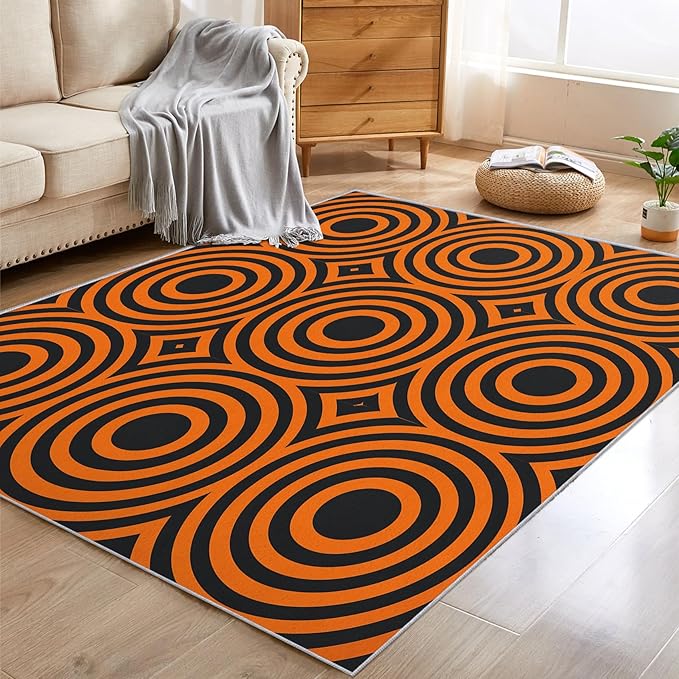 5x8 Geometric Circle Rugs for Bedroom Decor, Washable Retro 60s 70s Geometry Pattern Area Rug, Living Room Home Decoration, Non Slip Soft Thin, Black Orange Decor Carpet PF-P 49