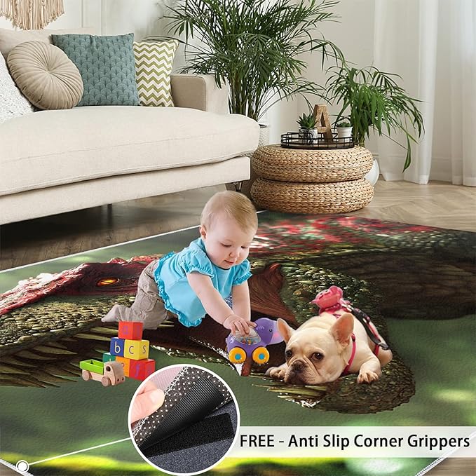 Dinosaurs Rugs for Bedroom - 5x8 Area Rug - 3D Dinosaurs Rugs for Living Room, Forest Animals Rug, Non-Slip Washable Home Decor Carpet