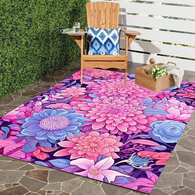 Vibrant Floral Outdoor Rug Modern Flower Texture Rugs for Patio Deck Porch Balcony Waterproof Non Slip Camping Garden Large Outside Carpet Easy Clean Machine Washable Pool Mat Pink Purple 7x10