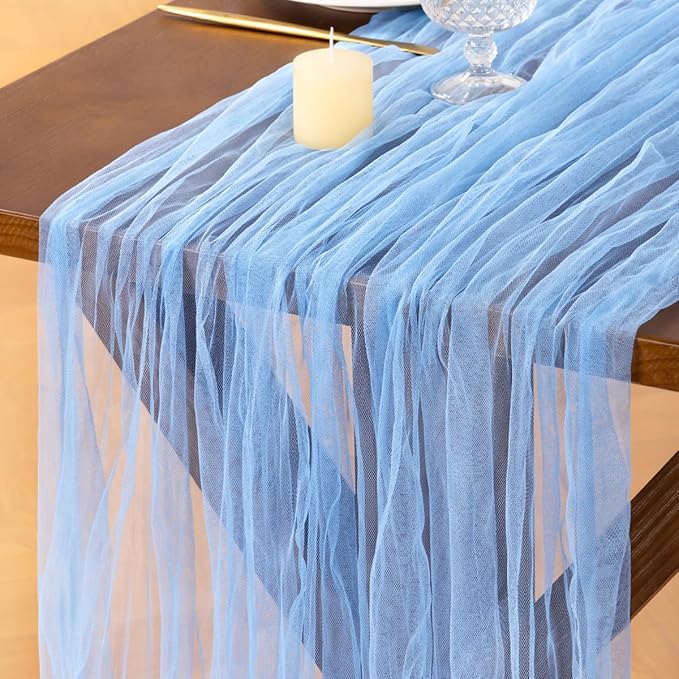 Socomi Blue Cheesecloth Table Runner Tulle Gauze Cheese clothBoho Rustic 120 inch 10FT Runner for Wedding Party Baby Shower Birthday Holiday Decorations 3pcs