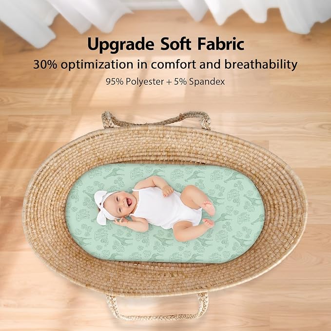 Baby Bassinet Sheets Girl Boy, Fitted Bassinet Sheet Set 3 Pack Bassinet Mattress Sheets Universal Fit for Rectangle, Round, Oval, Hourglass Mattress, Soft Breathable Green & Blue Dinosaur
