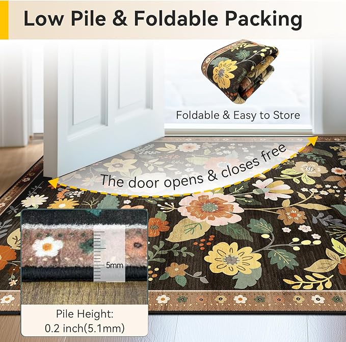 Floral 6x9 Area Rug Machine Washable Soft Print Boho Carpet Non Slip Doormat Low Pile Flower Area Rugs for Living Room Bedroom Nursery Kitchen Dining Room Indoor-Black/Yellow/Red
