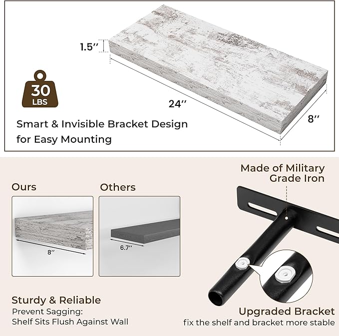 RICHFOCUS 24Inch Floating Shelves for Wall 2 Pack Shelves for Bedroom|Kitchen|Bathroom Wall Mounted Rustic Distressed Wood Floating Shelf with Invisible Brackets for Books|Storage|Decor, Rustic
