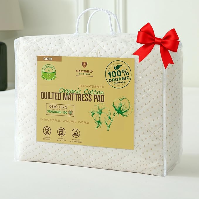 Crib Luxury Quilted Organic Mattress Protector Pad - Certified Organic Cotton, Waterproof Skin-Friendly Breathable Mattress Cover - Premium 380 GSM Comfort - Jersey Cotton Skirt