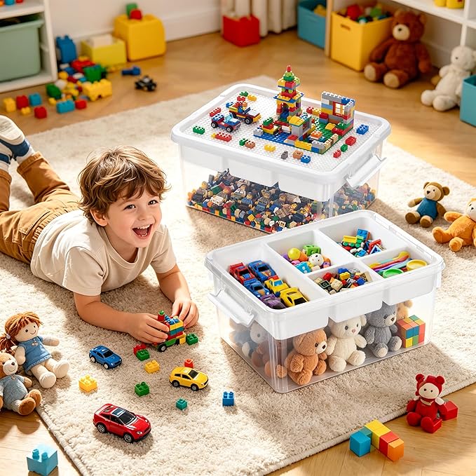 Citylife Toy Storage Box, 17 QT Building Brick Organizer with Buildable Baseplate Lid and Removable Trays, Kids Block Organizer for Playroom and Art Supplies, 2 Pack
