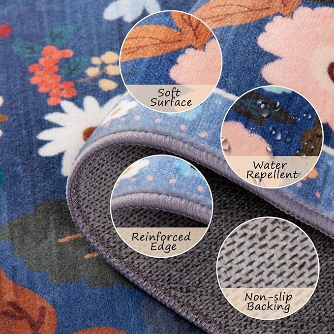 Floral 9x12 Area Rug Machine Washable Soft Print Boho Carpet Non Slip Doormat Low Pile Flower Area Rugs for Living Room Bedroom Nursery Kitchen Dining Room Indoor-Blue/Grey