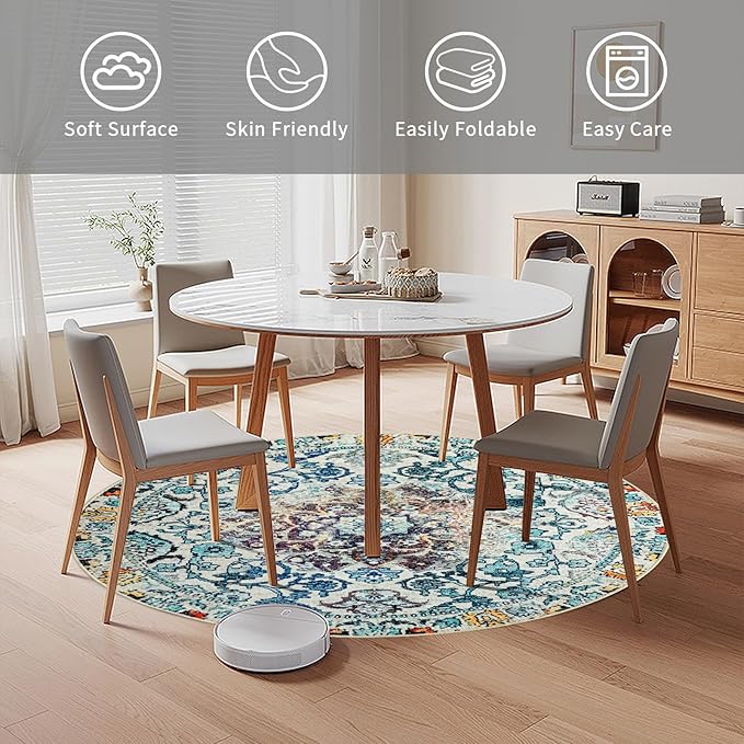 Easy-Going Round Area Rug 3ft Washable Boho Small Circle Rugs for Living Room Non-Slip Bedroom Rug Low Pile Lightweight Medallion Distressed Throw Rug for Dining Room Kitchen Office, Vintage Multi