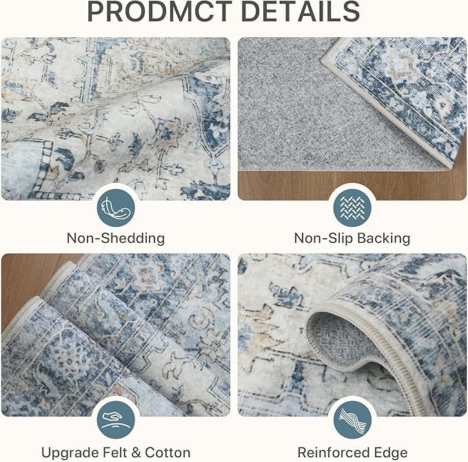 3x5 Area Rugs for Living Room, Machine Washable Rug, Non Slip Vintage Rugs, Low Pile Lightweight Print Rug for Bedroom, Dining Room, Home Office, Blue