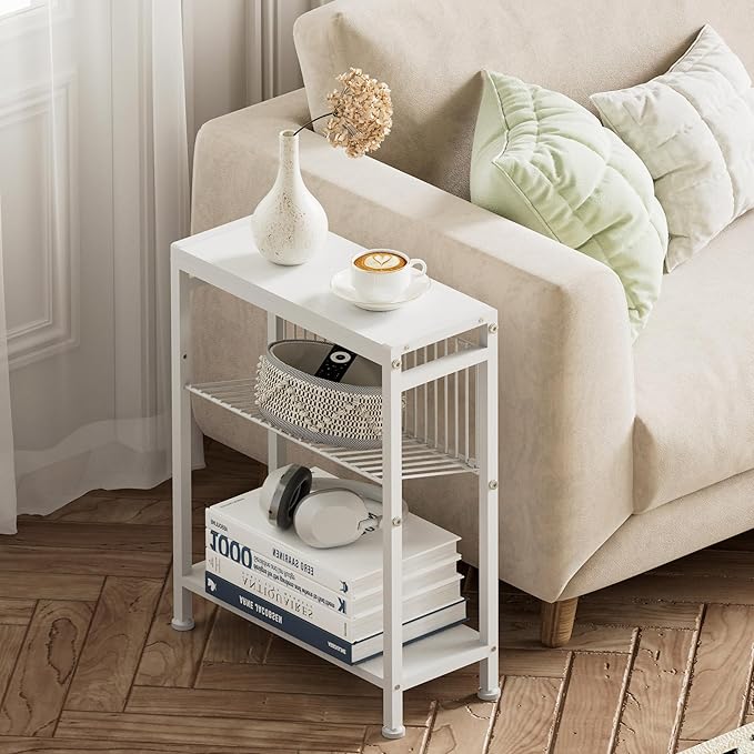 End Table for Small Space, 3-Tier Narrow Side Table with Magazine Holder,Small Nightstand, Skinny Snack Couch Table in Living Room, Bedroom Study and Balcony (White)