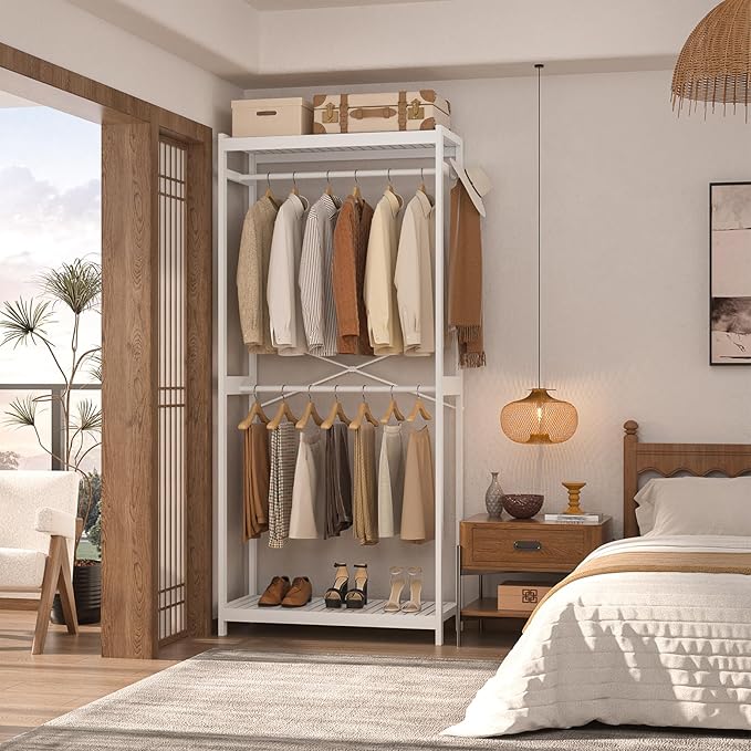 Homykic Bamboo Clothes Rack with Shelves and Double Hang Rods, Portable Closet System Garment Rack for Hanging Clothes, Tall Clothing Rack Corner Closet Organizer, Easy to Built, Freestanding, White