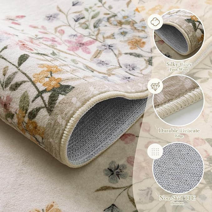Wonnitar Washable 5x7 Rug for Living Room, Floral Print Large Bedroom Area Rug, Non-Slip Dining Table Throw Mat, Botanical Area Rug Carpet for Entry Basement Dorm (Beige,5'x7')