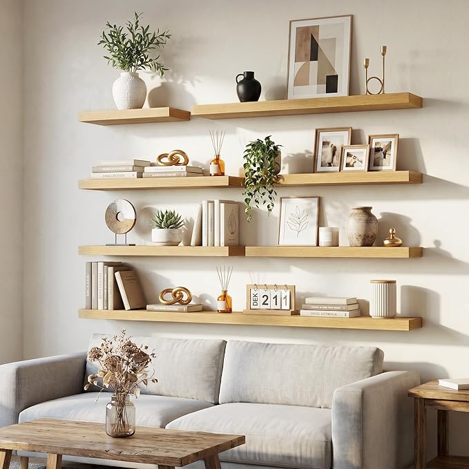 Venusmiles Floating Shelves for Wall, 20 Inch Floating Shelves Set of 2, 6.5" D Wooden Wall Mounted Display Shelves with Invisible Brackets for Living Room, Bedroom, Bathroom, Kitchen Decor, Oak