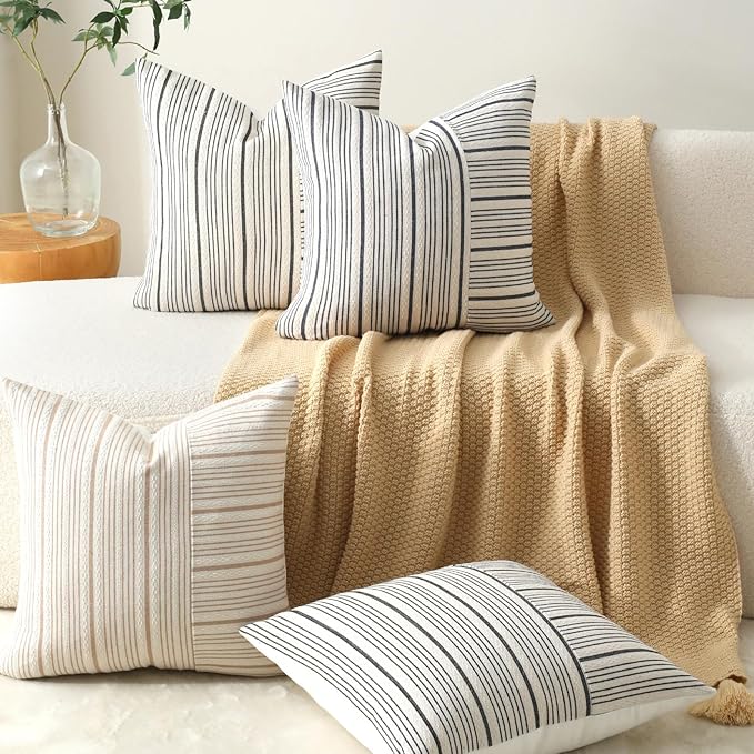 DWR Striped 3D Textured Weave Throw Pillow Covers 20x20 Set of 2, Polyester Cotton Blend in Black, Modern Farmhouse Decorative Pillow Cases for Couch Sofa Bed Living Room