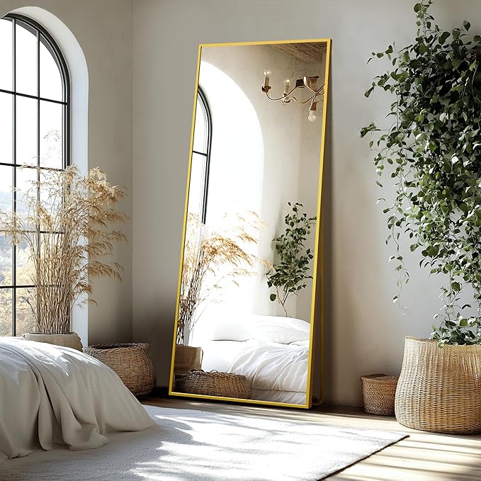 Delma Full Length Standing Mirror,Large Floor Mirror with Aluminum Frame for Bedroom, Bathroom, Living Room,Wall Mount or Freestanding Design(with Stand,Rect 69x24-Gold)