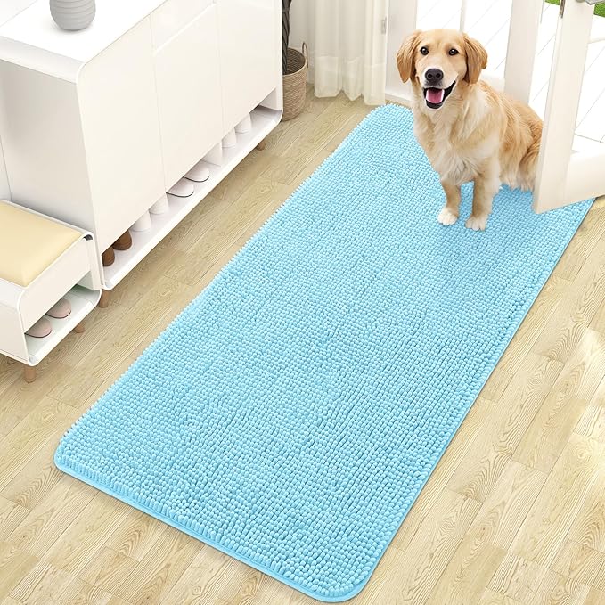 OLANLY Dog Door Mat for Muddy Paws 47x24, Absorbs Moisture and Dirt, Absorbent Non-Slip Washable Doormat, Quick Dry Chenille Mud Mat for Dogs, Entry Indoor Entryway Carpet for Inside Floor, Blue