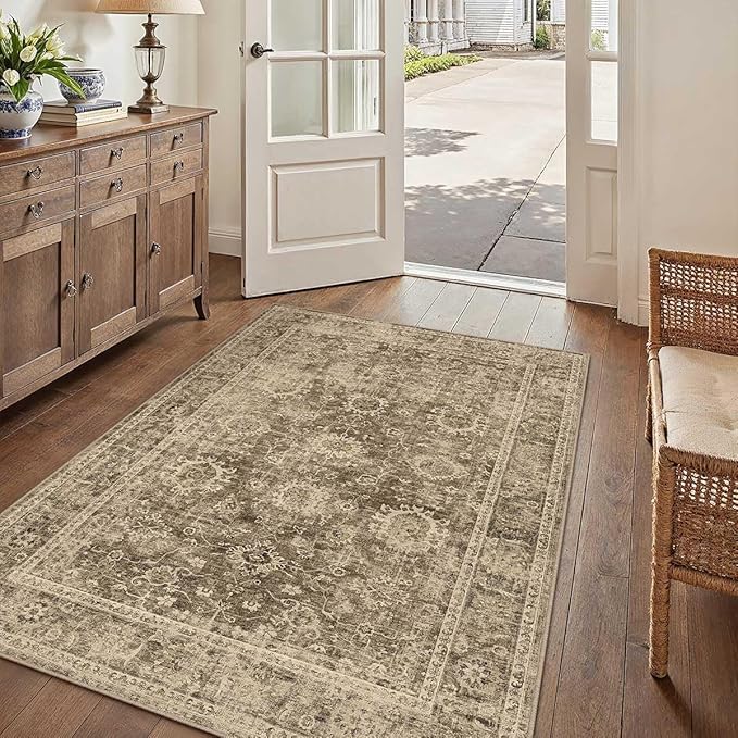 3x5 Washable Area Rug for Entryway Brown Vintage Non-Slip Low Pile Distressed Rustic Carpet Lightweight Vacuumable Door Mat Soft Small Door Mat Small Throw Rug for Entrance