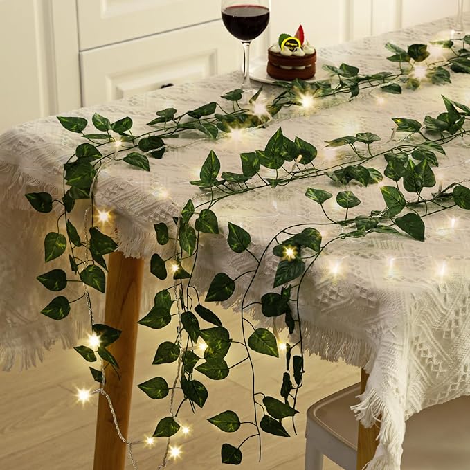 CEWOR 14 Pack 98ft Fake Ivy Vines, Artificial Ivy Garland with 100 LED String Lights, Hanging Plants Greenery Backdrop Green Leaves for Bedroom Room Wall Decor Wedding Party Table Decoration