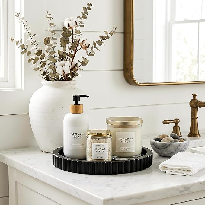 Decorative Tray for Coffee Table, Modern Minimalist Wooden Round Decor Tray for Kitchen, Living Room, Home Decor, Tv Stand, Bathroom Sink, Entryway, Black Color, Set of 2