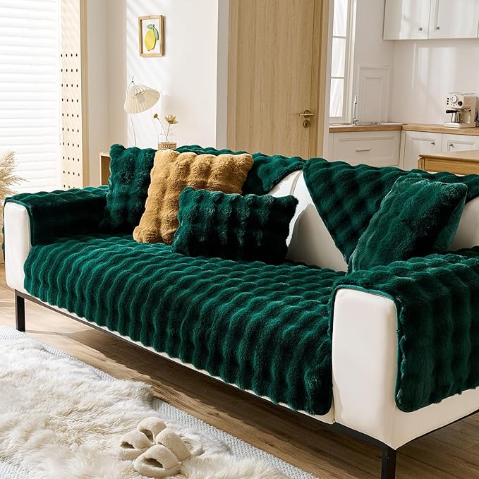 Christmas Faux Fur Decorative Throw Pillow Cover Plush Thick Bubble Pillow Covers Luxury Soft Cozy Accent Pillowcase for Spring Sofa Living Room Couch Bed (Dark Green,12"x20")