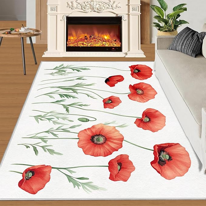 Little Red Flower Rugs for Bedroom - 6x8 Area Rug - Abstract 3D Flowers Rugs for Living Room, Modern Simple Art Rug, Non-Slip Washable Home Decor Carpet