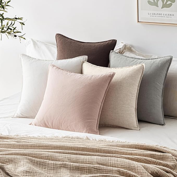 EMEMA Throw Pillow Covers Decorative Linen Pillow Covers 24x24 Inch Pink Boho Farmhouse Neutral Couch Throw Pillows for Bed Pack of 2 Accent Pillowcase Modern Sofa Cushion Livingroom Home