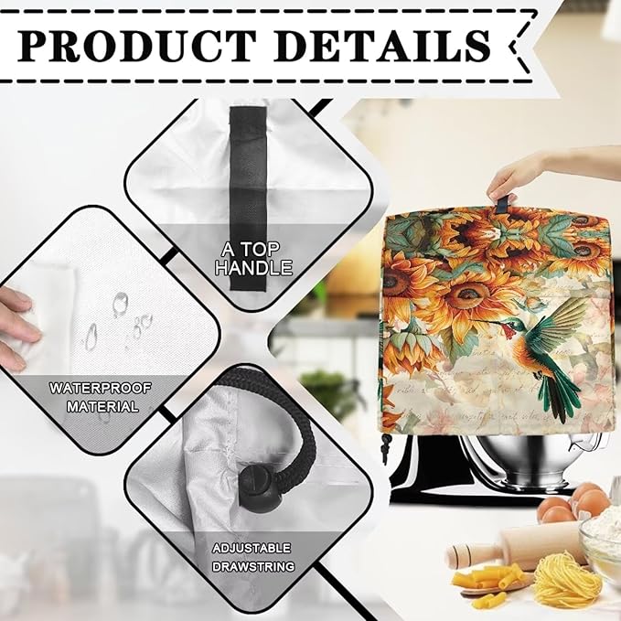 Stand Mixer Covers Hummingbird Sunflower Print Stand Mixer Dustproof Cover Compatible with Kitchen Aid Mixer Washable Stand Mixer Covers for 6-8 Qt Mixer