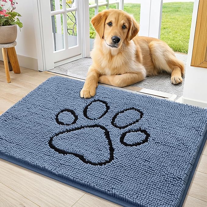 Smiry Dog Door Mat for Muddy Paws, Absorbent Dirt Trapper Non Slip Quick Dry Washable Chenille Mat for Mud Dogs, Entry Rug for Indoor and Outdoor (36x24 Inches, Airy Blue and Black)