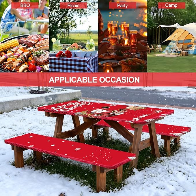 Picnic Table Cover with Bench Covers Set of 3, Elastic Fitted Tablecloth for 6 Foot Tables, Washable Polyester Tablecloths for Camping, Indoor & Outdoor