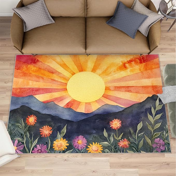 Boho Sun Area Rugs 5x8ft, Radiant Sunburst Living Room Carpet, Geometric Solar Decorative Carpet Protect Floor for Bedroom Men Office Hardwood Floors