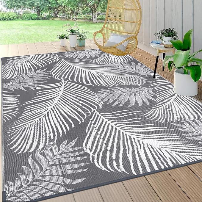 Pauwer Waterproof Outdoor Rug 6x9, Reversible Plastic Straw Patio Camping Rug, Indoor Outdoor RV Mat Carpet for Deck, Camper, Porch, Balcony, Backyard, Picnic, Leaf Grey