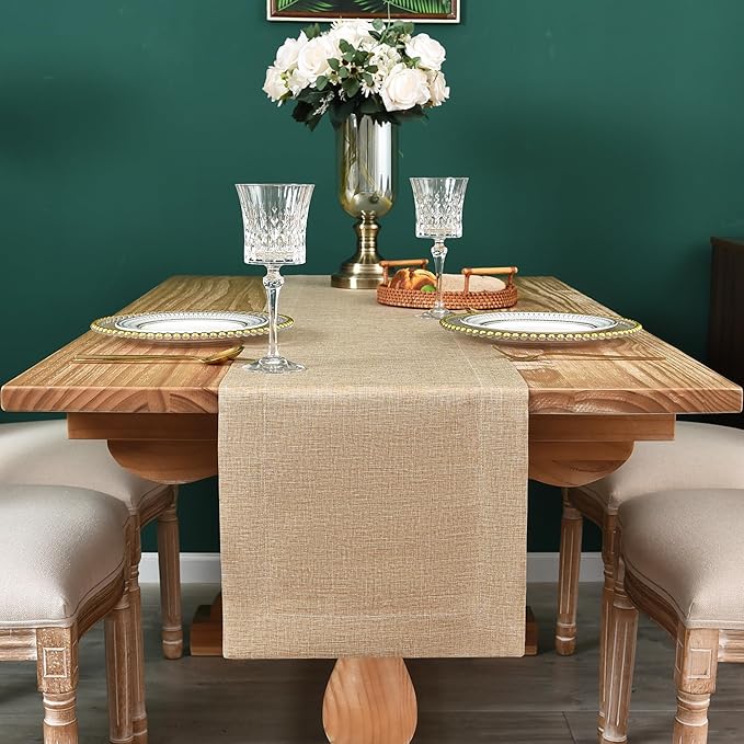 NEWISHER Farmhouse Rustic Table Runner Solid Flaxen Rectangular Table Runners Faux Linen Table Runner for Everyday Use Kitchen Dining Party Table 13x72 Inch