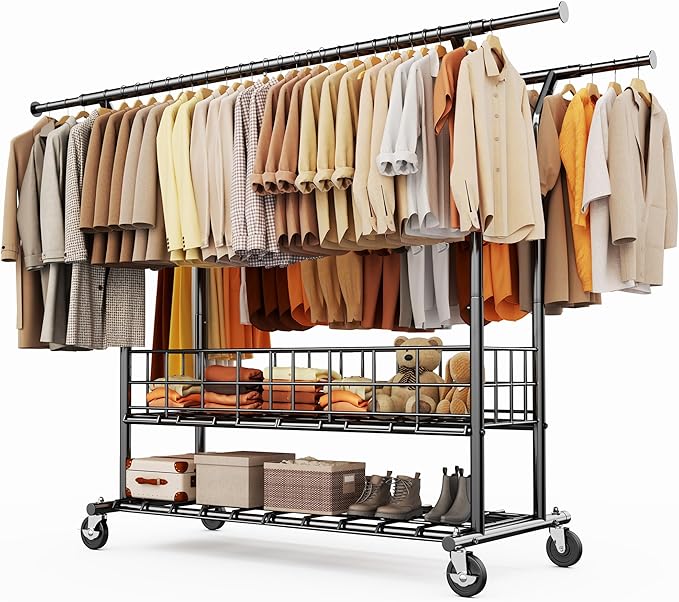 HOKEEPER Heavy Duty Clothes Rack Load 635 LBS, Clothing Rack for Hanging Clothes, Adjustable Black Double Rod with Metal Basket, Portable Rolling Garment Rack with Wheels for Bedroom, Laundry Room