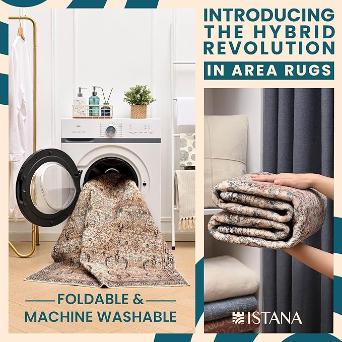 Istana Rugs 5x7 - Charcoal Olive Bedroom Rug - Foldable Rugs for Bedroom - Stain Resistant Washable & Eco-Friendly Boho Area Rugs - Easy to Clean Living Room Rug