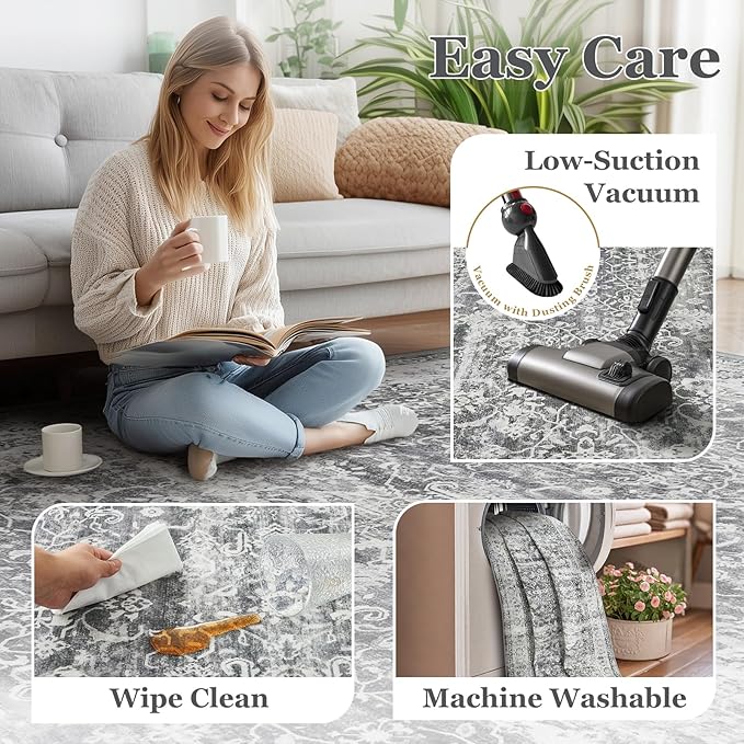 Washable Gray 5x8 Area Rugs, Neutral Vintage Grey and Ivory Carpet for Living Room Bedroom, Low Pile Thin Rug with Non Slip Rubber Backing for Dining Room Home Office