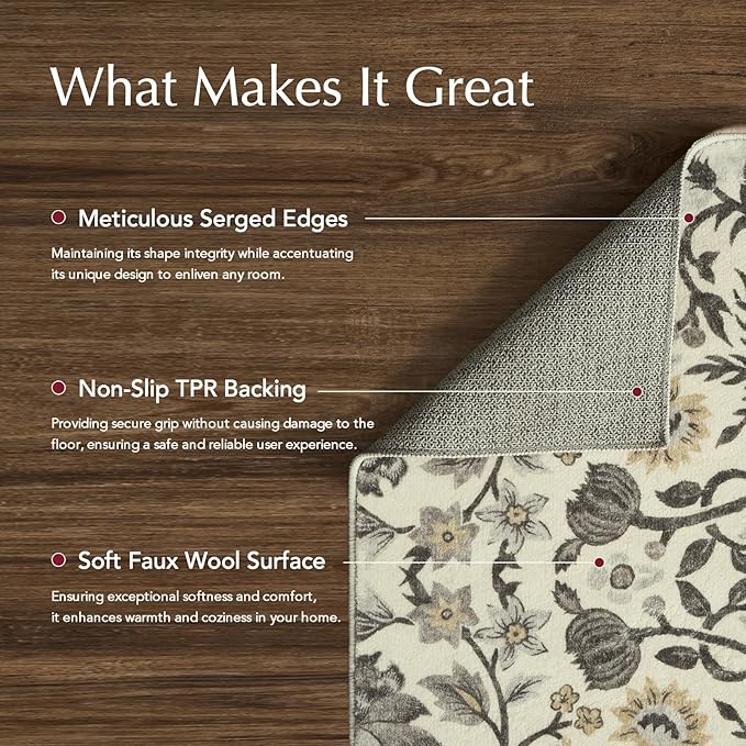 EVERGRACE Area Rugs for Living Room 8x10, Boho Floral Faux Wool Indoor Outdoor Rugs, Washable Rugs for Bedroom Dining Room Entryway Kitchen, Low Pile Floor Mat Carpet for Home Decor, Gray