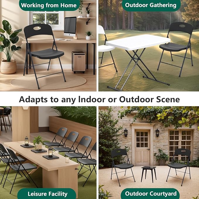6 Pack Black Folding Chair, Plastic Portable Stackable Commercial Seats with Steel Frame 350lb, Heavy Duty Foldable Chair for Indoor and Outdoor, Patio, Office, Picnic, Kitchen, Events