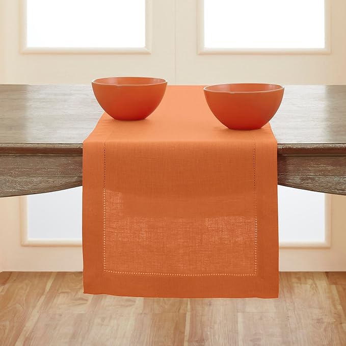 Solino Home Linen Pumpkin Hemstitch Table Runner 48 Inches - 100% Pure Linen Small Table Runner 14 x 48 Inch Ideal for Dresser and Coffee Tables - Classic Hemstitch - Holiday