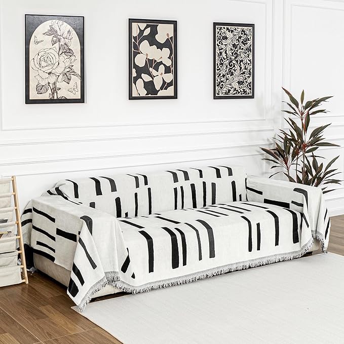 MYSKY HOME Sofa Covers for Sectional Sofa, Couch Cover for Dogs, Couch Covers with Tassel Loveseat Covers Futon Cover L Shaped Cover Washable Chenille Couch Protector, 71" x 134", Black Piano Key