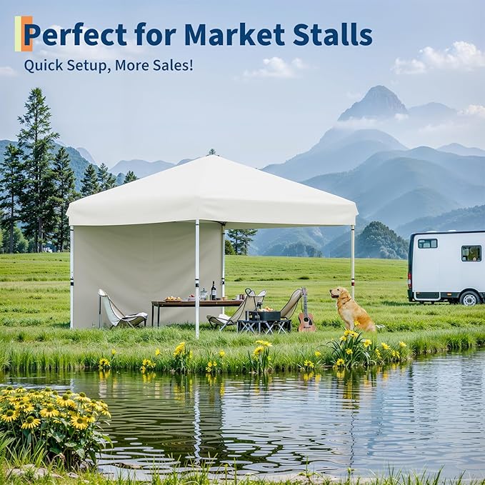 GarveeLife 10x10 Pop Up Canopy with 3 Sidewalls - Easy Up Camping Tent with One Button Push Setup - 1 Roller Bag, 3 Adjustable Height, 4 Weight Bags for Deck, Garden, Sports, Beach, Party - White