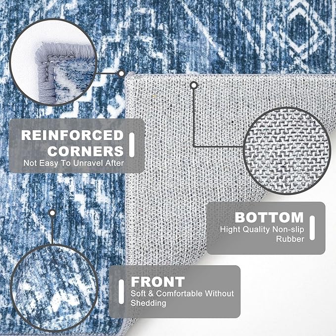 KILOCOCO Hallway Runner Rug 2x10 Runners for Hallways Washable Runner Rug Non Slip Rubber Backed Low-Pile Runners for Bedroom Kitchen Living Room Laundry Room Boho Rugs, Stonewashed Blue