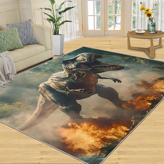 Dinosaurs Rugs for Bedroom - 3x4 Area Rug - Flame Dinosaurs Rugs for Living Room, Forest Landscape Rug, Washable Home Decor Carpet