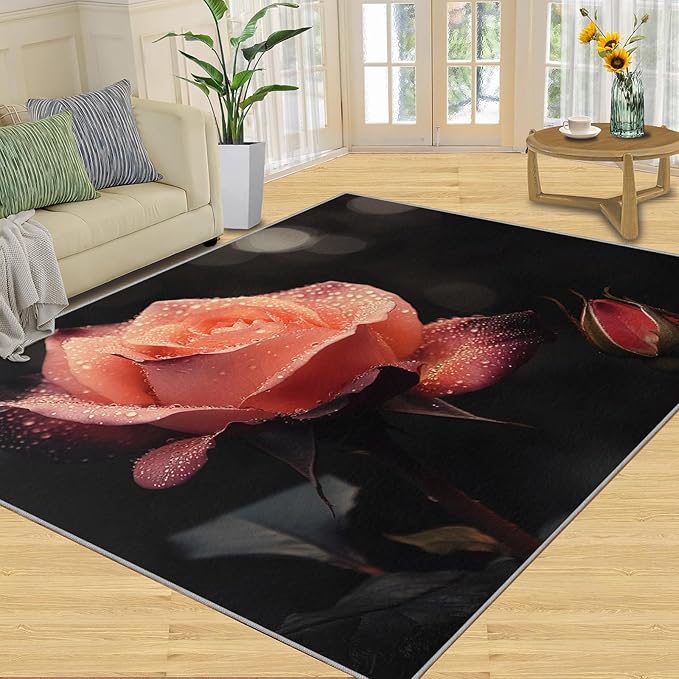 5x6 Florals Rugs for Office - Natural Flowers Living Room Carpet, Realistic Rose Bedroom Area Rug Kids Low Pile Rug for Indoor Outdoor Hardwood Floors Home Decor