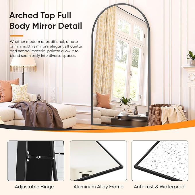 Suidia Full Length Mirror, 58"x18" Floor Standing Mirror Freestanding, Full Body Mirrors with Stand for Bedroom, Hanging Mounted for Living Room Cloakroom, Black, Arched Style
