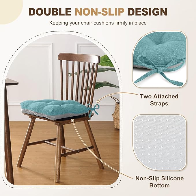 downluxe Indoor Chair Cushions for Dining Chairs, Tufted Overstuffed Textured Foam Kitchen Chair Pads with Ties and Non-Slip Backing, 15.5" x 15.5" x 4", Aqua Blue, 4 Pack